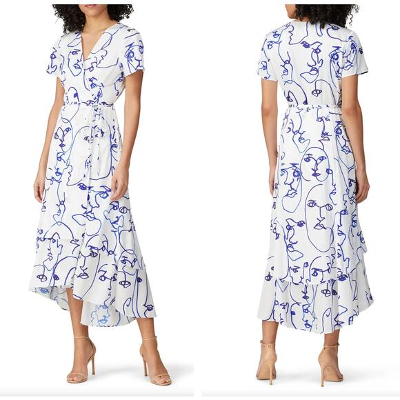 HUTCH Rosa Printed Wrap Dress Abstract Face Line Art Unique Blue White {HH51} - Picture 5 of 11